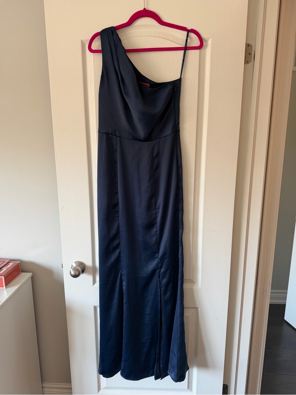 Chi Chi London One-Shoulder Navy Satin Gown